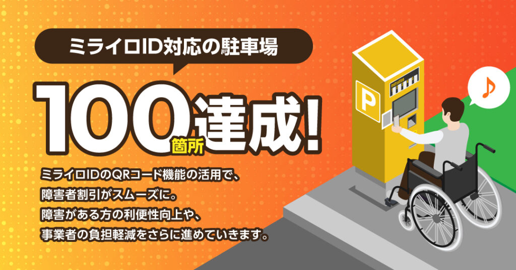 ミライロID対応の駐車場100箇所達成！ミライロIDのQRコード機能の活用で、障害者割引がスムーズに。障害がある方の利便性向上や、事業者の負担軽減をさらに進めていきます。