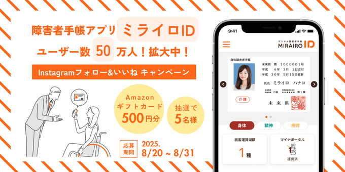 障害者手帳アプリミライロID、ユーザー数50万人！拡大中！インスタグラム、フォロー＆いいねキャンペーン。Amazonギフトカード500円分×5名様。応募期間2025年8月20～31日