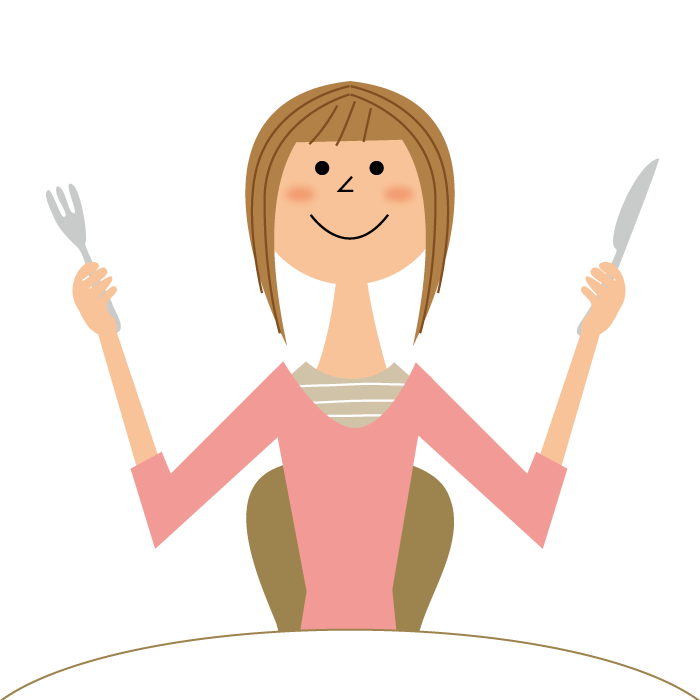 (イラスト)テーブルでナイフとフォークを持つ女性